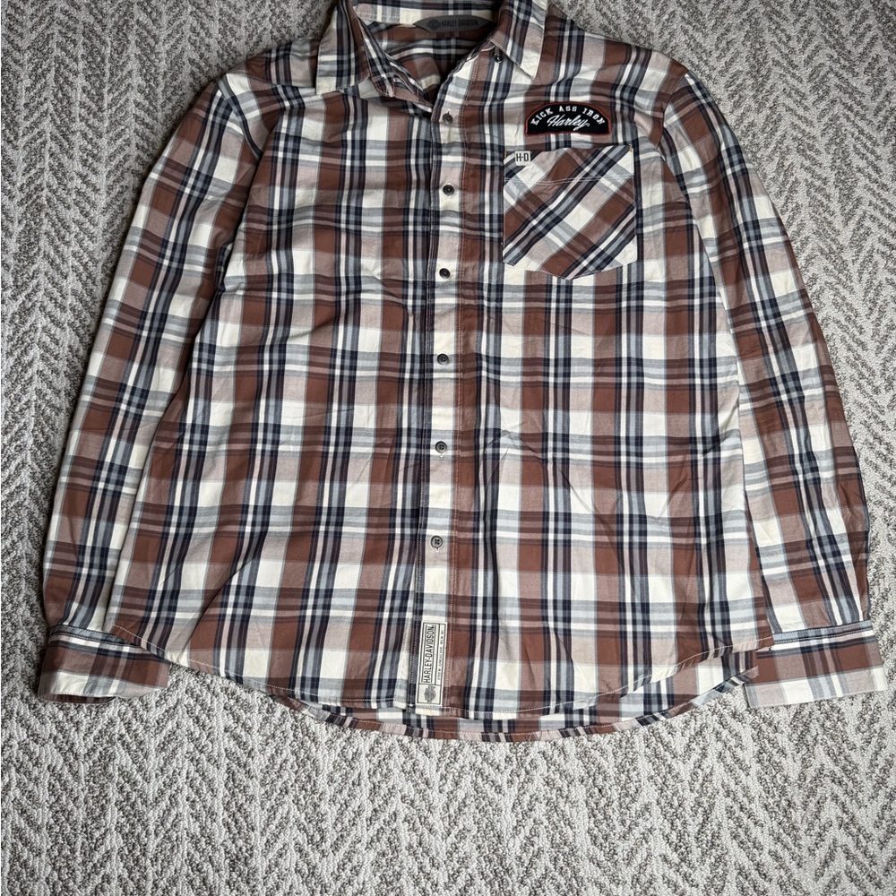 Harley-Davidson Iron Long Sleeve Brown Plaid Shirt – Men’s Size XL